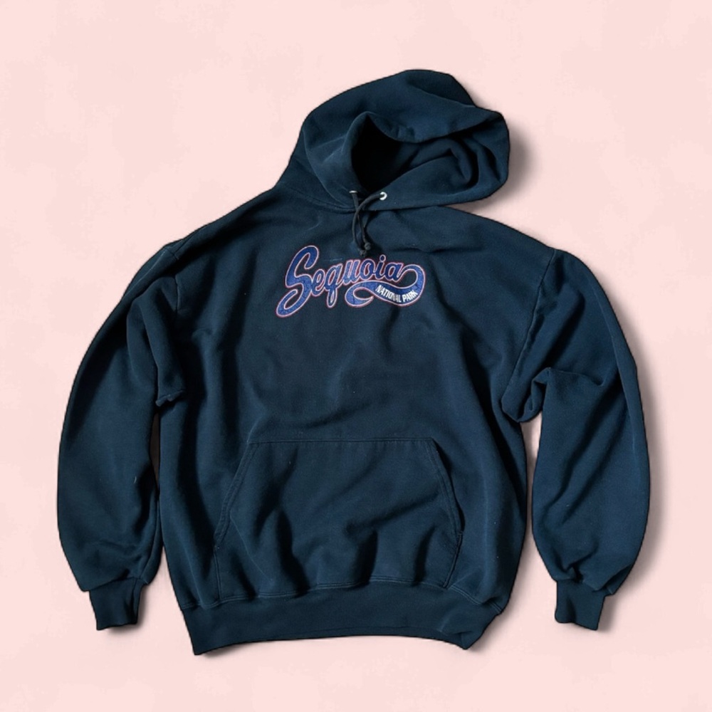 Navy graphic hoodie - vintage pullover sweatshirt